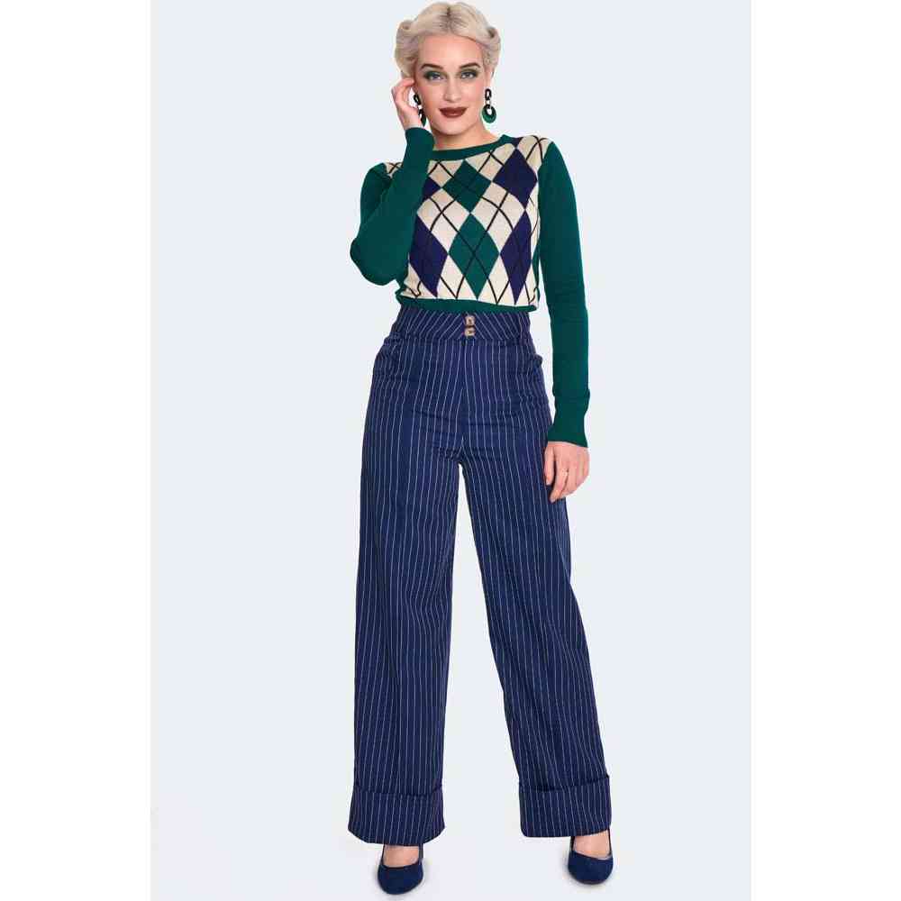 Voodoo Vixen - Navy Pinstripe Turn Up Wijde broek - Blauw